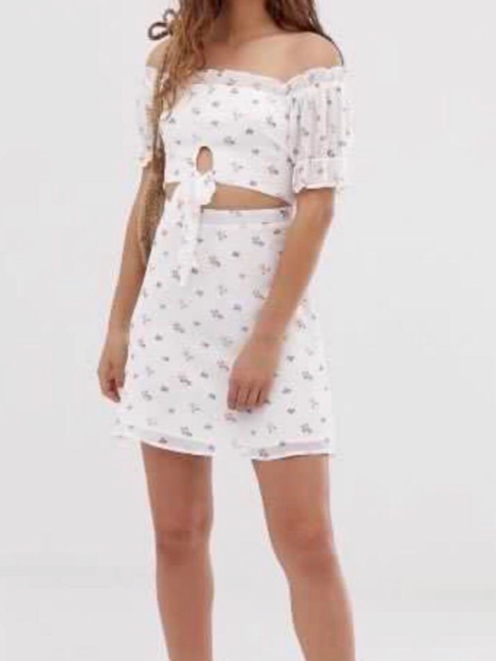 Wild Honey Cream Off-Shoulder Mini Dress with Pink & Blue Floral Print Size M